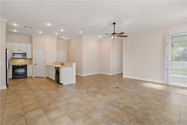 kitchen featuring recessed lighting, backsplash, ceiling fan, light countertops, and black appliances