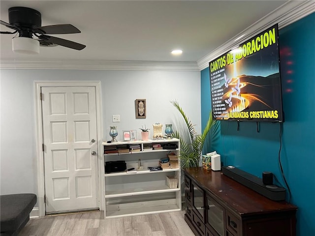 209 10th St, Bridge City, LA 70094 - interior space featuring ceiling fan, crown molding, and wood finished floors