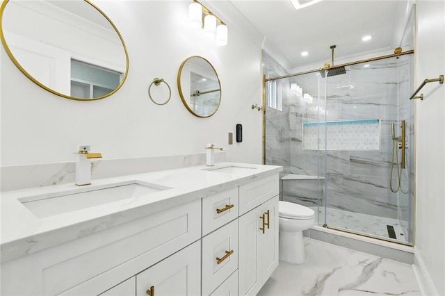 3839 Johnson St, Metairie, LA 70001 - bathroom with a marble finish shower, marble look tile flooring, toilet, double vanity, and recessed lighting