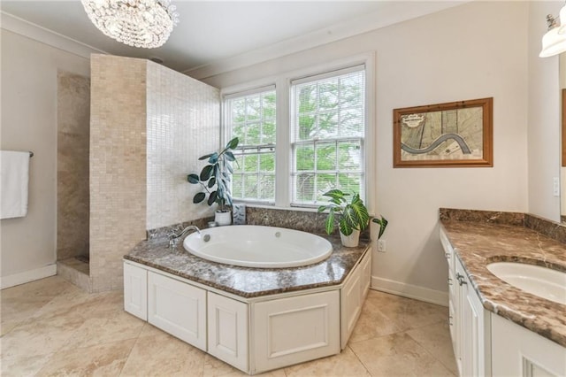 4209 Vendome Pl, New Orleans, LA 70125 - bathroom with tiled shower, vanity, a bath, baseboards, and an inviting chandelier