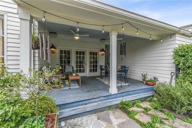 4209 Vendome Pl, New Orleans, LA 70125 - view of patio featuring french doors, a ceiling fan, outdoor dining space, and a wooden deck