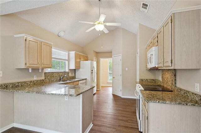 441 Parlange Dr, Pearl River, LA 70452 - kitchen featuring white appliances, light brown cabinets, ceiling fan, a sink, and a peninsula