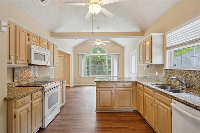 441 Parlange Dr, Pearl River, LA 70452 - kitchen featuring white appliances, a ceiling fan, a sink, dark wood finished floors, and a peninsula