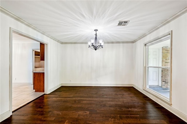 119 Belle Terre Blvd, Covington, LA 70433 - unfurnished dining area with dark wood finished floors, baseboards, visible vents, ornamental molding, and an inviting chandelier