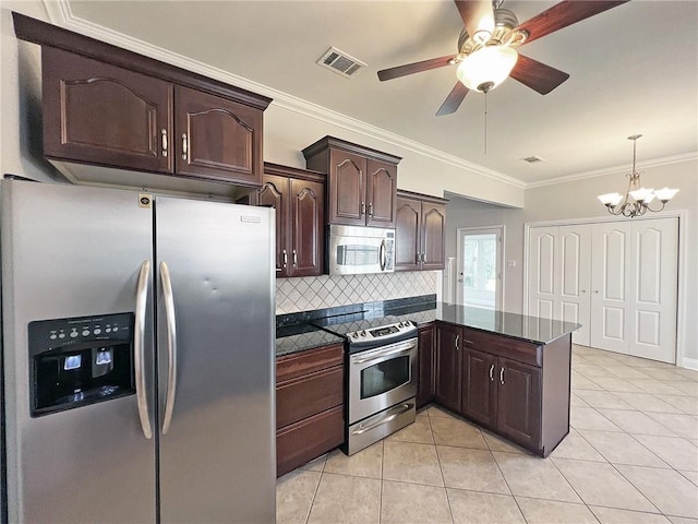 4026 Platt St, Kenner, LA 70065 - kitchen with appliances with stainless steel finishes, dark brown cabinetry, tasteful backsplash, light tile patterned floors, and crown molding