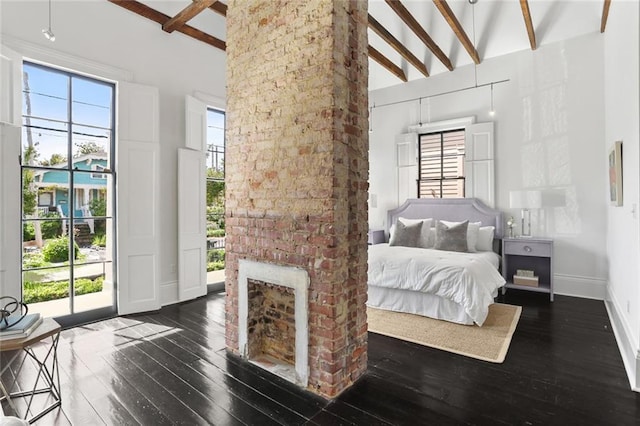 1035 Arabella St, New Orleans, LA 70115 - bedroom with wood-type flooring, beam ceiling, high vaulted ceiling, access to exterior, and baseboards