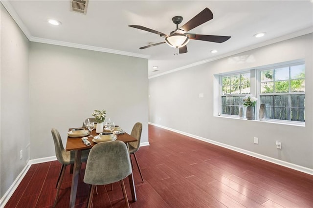 2106 Swan St, Slidell, LA 70460 - dining space with baseboards, wood finished floors, a ceiling fan, crown molding, and recessed lighting