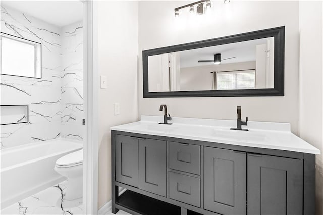 146 Bluefield Dr, Slidell, LA 70458 - bathroom featuring marble finish floors, double vanity, toilet, bathing tub / shower combination, and baseboards