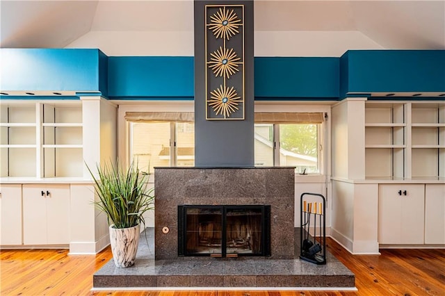 details with wood finished floors, a fireplace, and baseboards