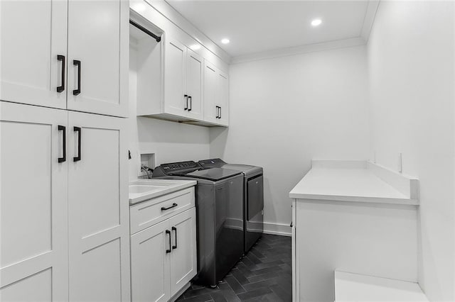 102 Liberty St, Belle Chasse, LA 70037 - washroom featuring independent washer and dryer, ornamental molding, recessed lighting, baseboards, and cabinet space