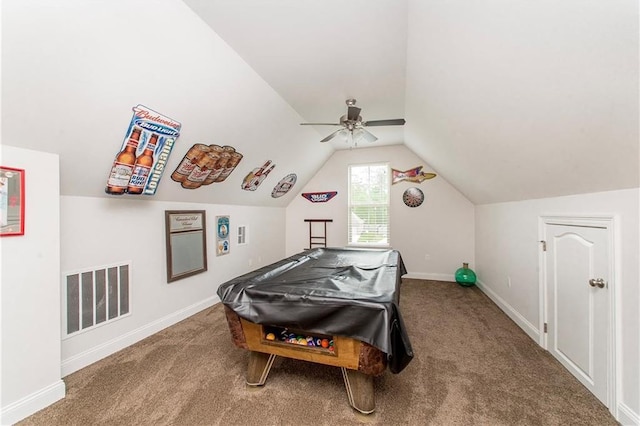 201 Belle Pointe Dr, Madisonville, LA 70447 - game room featuring carpet flooring, billiards, lofted ceiling, a ceiling fan, and baseboards