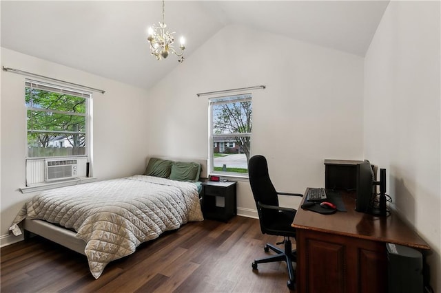 bedroom featuring cooling unit, dark wood-style floors, multiple windows, and an inviting chandelier