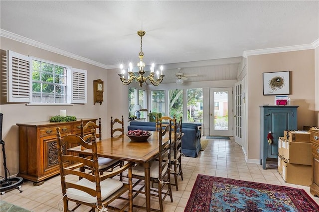 5004-0606 Newlands St, Metairie, LA 70006 - dining room with ceiling fan with notable chandelier, light tile patterned floors, baseboards, and ornamental molding
