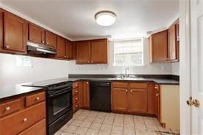 5004-0606 Newlands St, Metairie, LA 70006 - kitchen featuring a sink, dark countertops, under cabinet range hood, brown cabinets, and black appliances