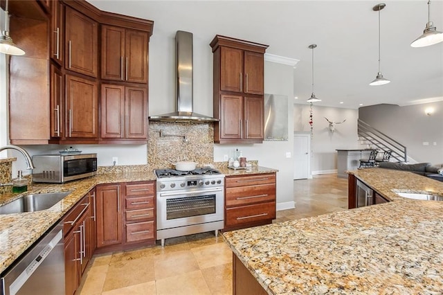 405 14th St, New Orleans, LA 70124 - kitchen featuring wall chimney exhaust hood, a sink, appliances with stainless steel finishes, crown molding, and light stone countertops