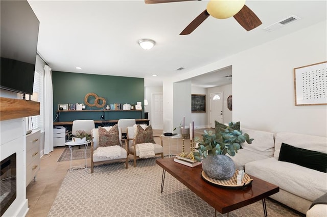 7800 Allison Rd, New Orleans, LA 70126 - living area featuring visible vents, ceiling fan, and recessed lighting