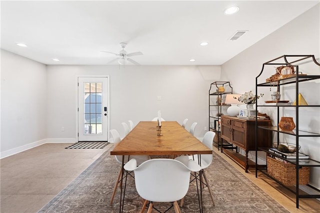 7800 Allison Rd, New Orleans, LA 70126 - dining area featuring ceiling fan, baseboards, visible vents, and recessed lighting