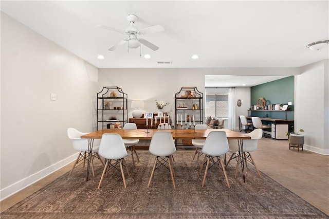 7800 Allison Rd, New Orleans, LA 70126 - dining area with ceiling fan, baseboards, visible vents, and recessed lighting