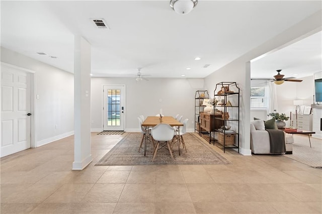 7800 Allison Rd, New Orleans, LA 70126 - dining space featuring visible vents, ceiling fan, recessed lighting, and baseboards