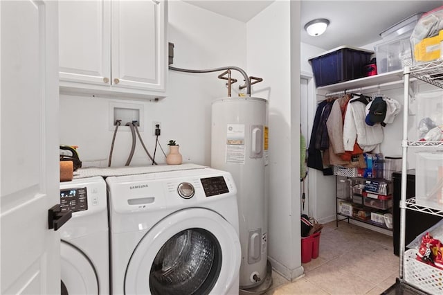 7800 Allison Rd, New Orleans, LA 70126 - laundry area with water heater, light tile patterned floors, independent washer and dryer, and cabinet space
