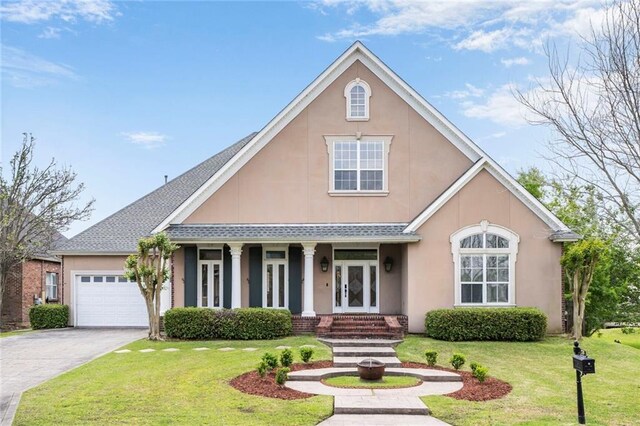 traditional-style house featuring driveway, a front yard, an attached garage, and stucco siding