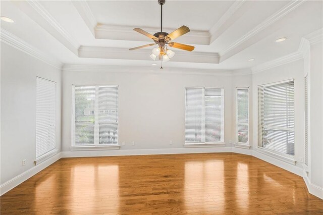 spare room with a raised ceiling, wood finished floors, a ceiling fan, ornamental molding, and recessed lighting