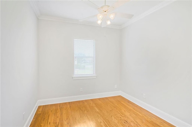 unfurnished room with baseboards, light wood-type flooring, a ceiling fan, and ornamental molding