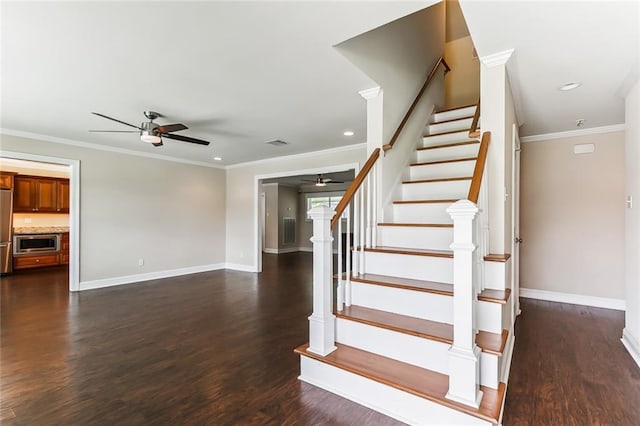 501 Gordon Ave, Harahan, LA 70123 - staircase featuring a ceiling fan, baseboards, wood finished floors, ornamental molding, and recessed lighting