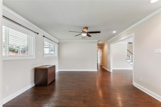 501 Gordon Ave, Harahan, LA 70123 - empty room with ceiling fan, dark wood-type flooring, baseboards, crown molding, and recessed lighting