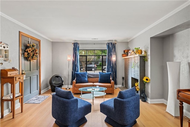 800 Marguerite Rd, Metairie, LA 70003 - living area with light wood-style floors, a brick fireplace, crown molding, and baseboards