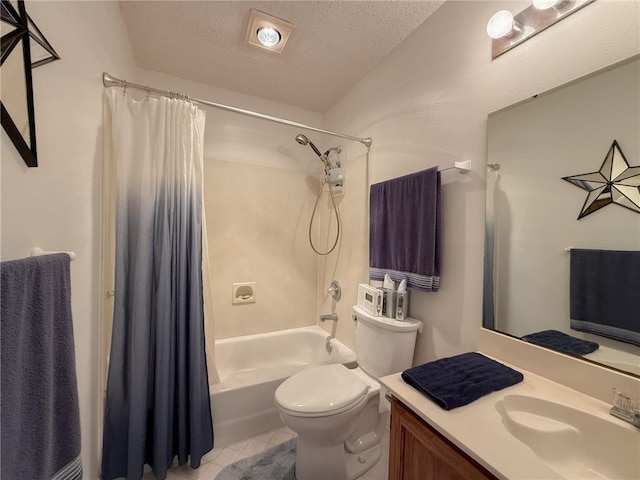 bathroom with shower / bath combination with curtain, toilet, a textured ceiling, vanity, and tile patterned flooring