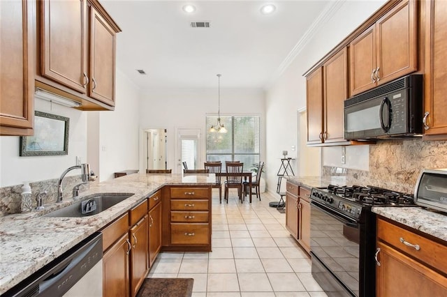 2424 Cours Carson St, Mandeville, LA 70448 - kitchen featuring black appliances, a sink, ornamental molding, brown cabinets, and recessed lighting