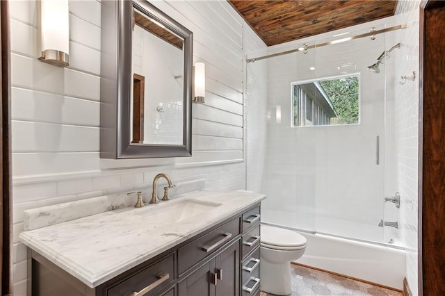 full bath with vanity, bathtub / shower combination, toilet, and wooden ceiling