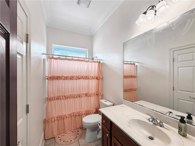 bathroom featuring visible vents, crown molding, toilet, tile patterned floors, and a shower with curtain