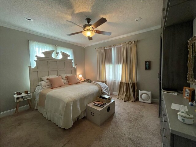820 Solomon Pl, New Orleans, LA 70119 - bedroom featuring light colored carpet, ornamental molding, a textured ceiling, ceiling fan, and baseboards
