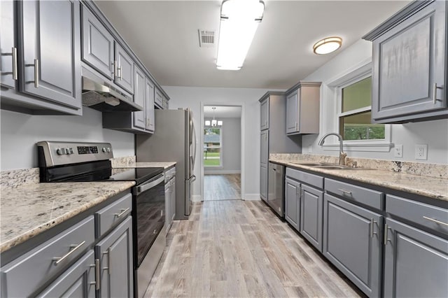 kitchen with under cabinet range hood, stainless steel appliances, visible vents, and gray cabinets