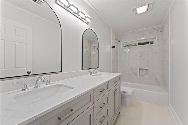 full bath with visible vents, a sink, a textured ceiling, and toilet