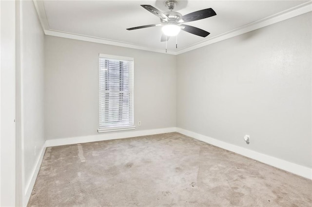 spare room with carpet flooring, crown molding, ceiling fan, and baseboards