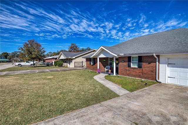 ranch-style home with roof with shingles, brick siding, a front yard, a gate, and concrete driveway