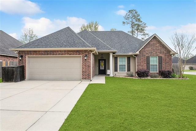 ranch-style house with a garage, a front yard, brick siding, a shingled roof, and concrete driveway
