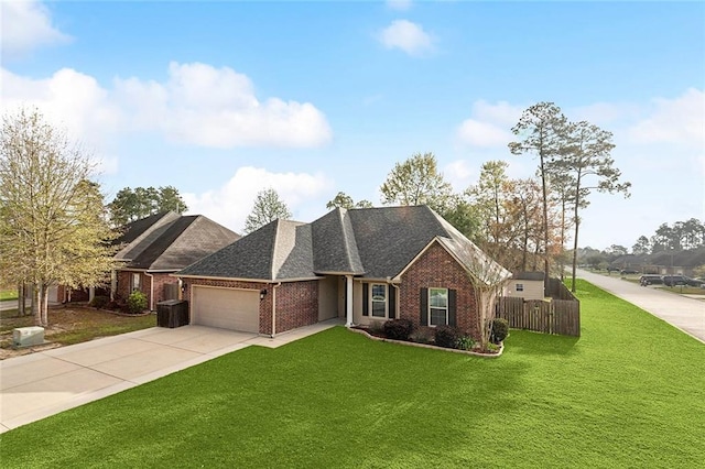 view of front facade featuring a front yard, an attached garage, fence, concrete driveway, and brick siding