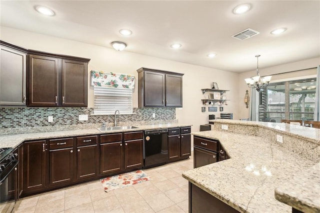669 Fairfield Loop, Slidell, LA 70461 - kitchen with black appliances, a sink, backsplash, dark brown cabinets, and recessed lighting
