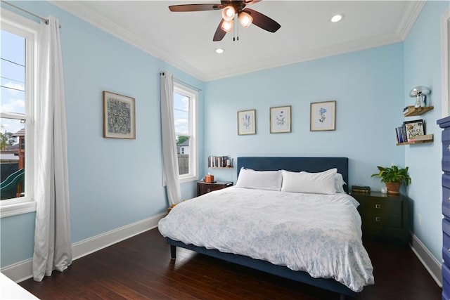 85 W Claiborne Sq, Chalmette, LA 70043 - bedroom featuring baseboards, ornamental molding, recessed lighting, ceiling fan, and wood finished floors