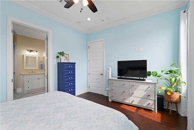 85 W Claiborne Sq, Chalmette, LA 70043 - bedroom with crown molding, wood finished floors, baseboards, and ensuite bath