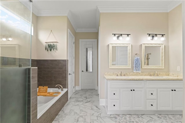 85 W Claiborne Sq, Chalmette, LA 70043 - bathroom with ornamental molding, marble finish floor, and a garden tub
