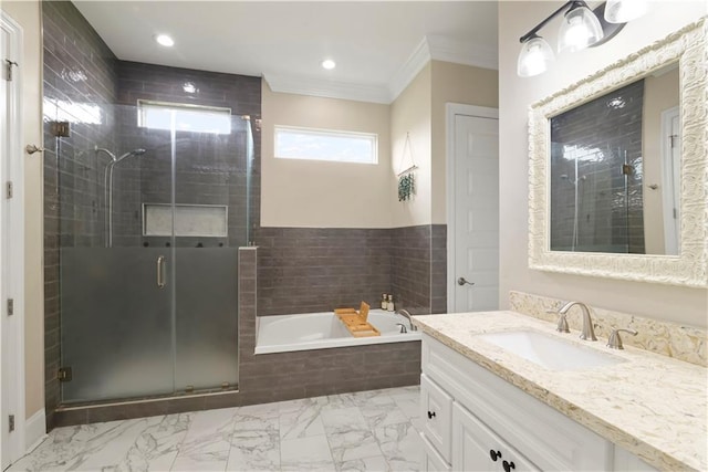 85 W Claiborne Sq, Chalmette, LA 70043 - bathroom featuring crown molding, a garden tub, vanity, and a stall shower
