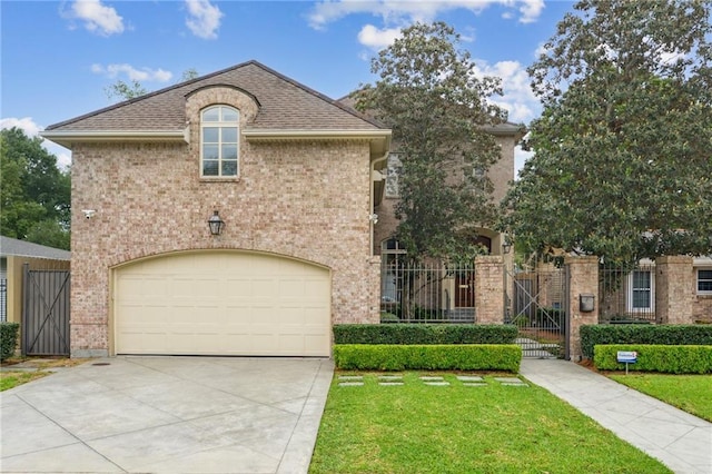 519 Homestead Ave, Metairie, LA 70005 - french provincial home with a front lawn, an attached garage, a gate, and concrete driveway