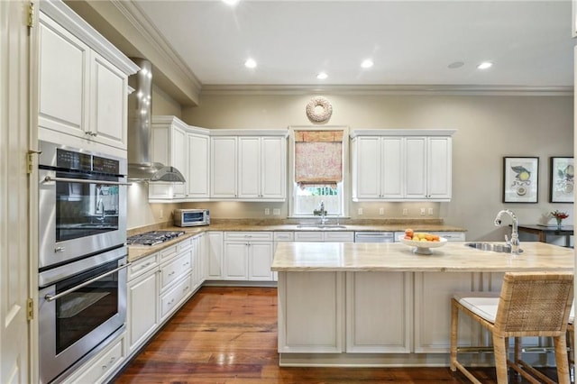 519 Homestead Ave, Metairie, LA 70005 - kitchen with crown molding, a sink, wall chimney range hood, and stainless steel appliances