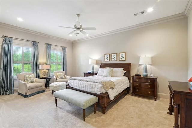 519 Homestead Ave, Metairie, LA 70005 - bedroom featuring baseboards, light carpet, crown molding, visible vents, and ceiling fan