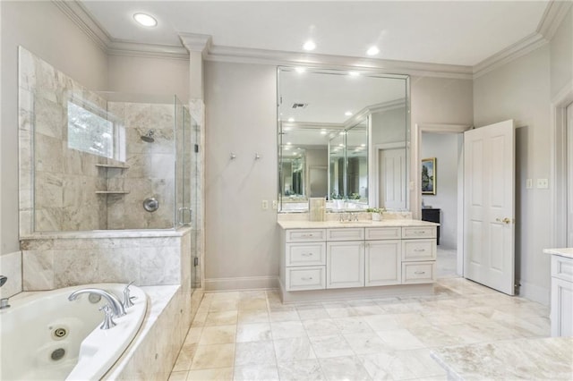 519 Homestead Ave, Metairie, LA 70005 - full bathroom with crown molding, vanity, a stall shower, and a tub with jets